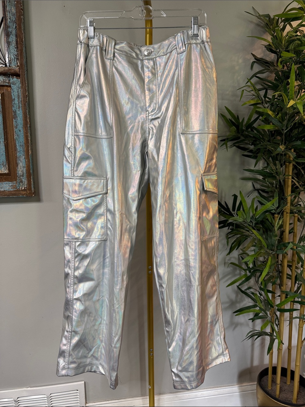 Almost Famous Iridescent Silver Cargo Pants holographic faux leather EUC L